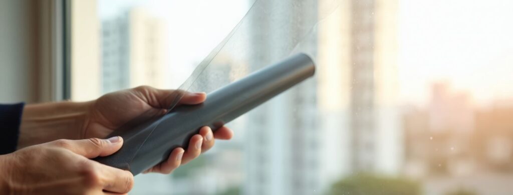 A technician working on installing window tint on a building.