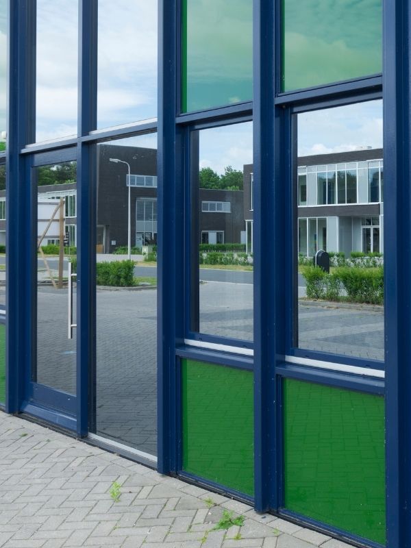 heat-reducing window film on an office building. 